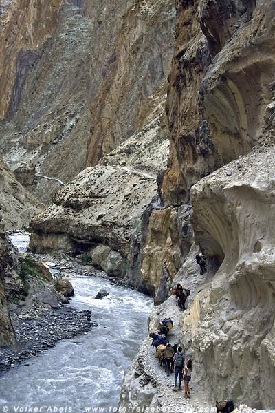 Schroffe Wände ragen senkrecht in den Himmel, milchiggrau von Sand und Schmelzwasser schlängelt sich der Fluss durch die Schlucht, durch die uns der enge Pfad führt. © Volker Abels